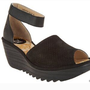 Fly London Yula Black Leather & Suede Wedge Sandal Women's Size 39 US 8 No Wear